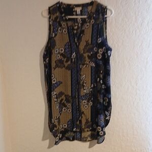 Spense Floral Sleeveless Tunic Blue, Tan And White Floral Size L NWOT